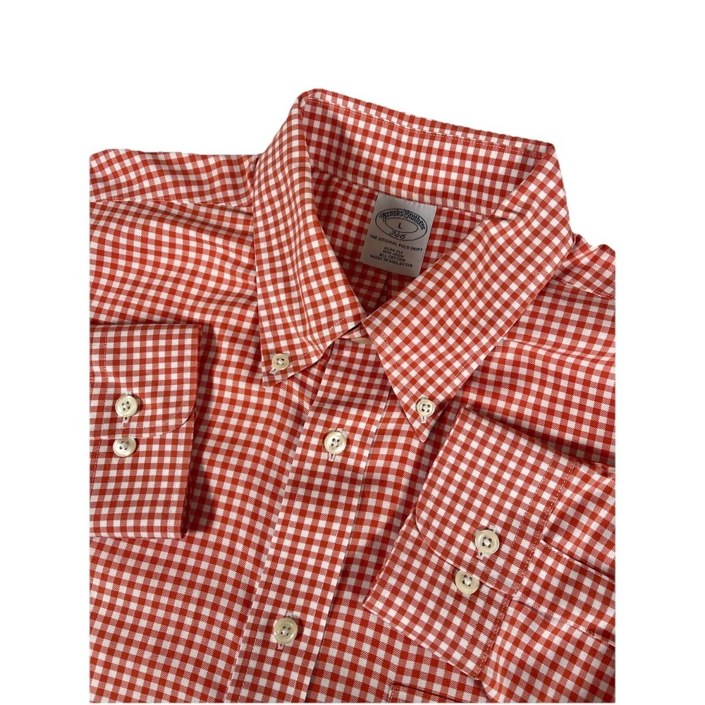 Brooks Brothers White Orange Gingham Check Slim‎ Fit L/S Btn Dwn Shirt Men's L